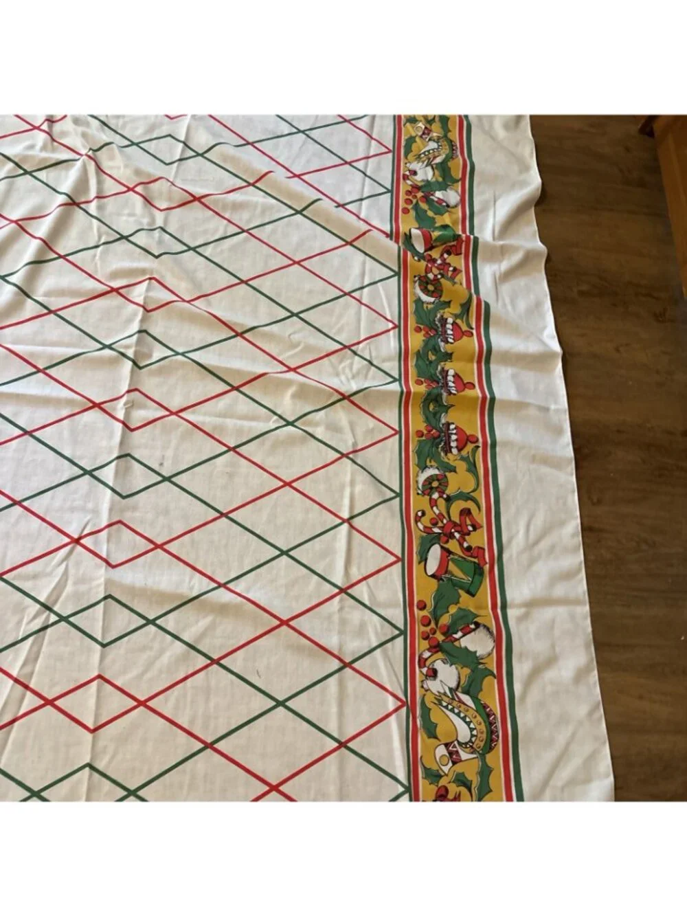 Vintage Large Christmas Tablecloth Red Green & Gold Border Size 81 X 60